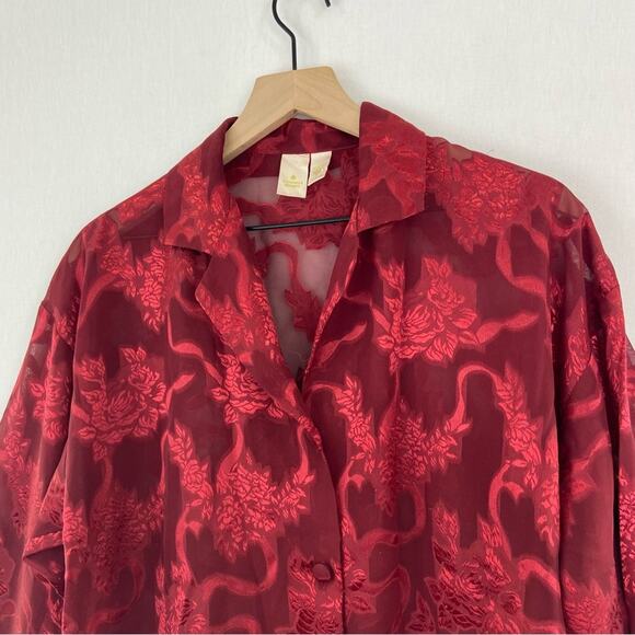 Vintage 80s Victoria Secret Red Pajama Set Small Sheer Metallic Floral Jacquard - Picture 4 of 11